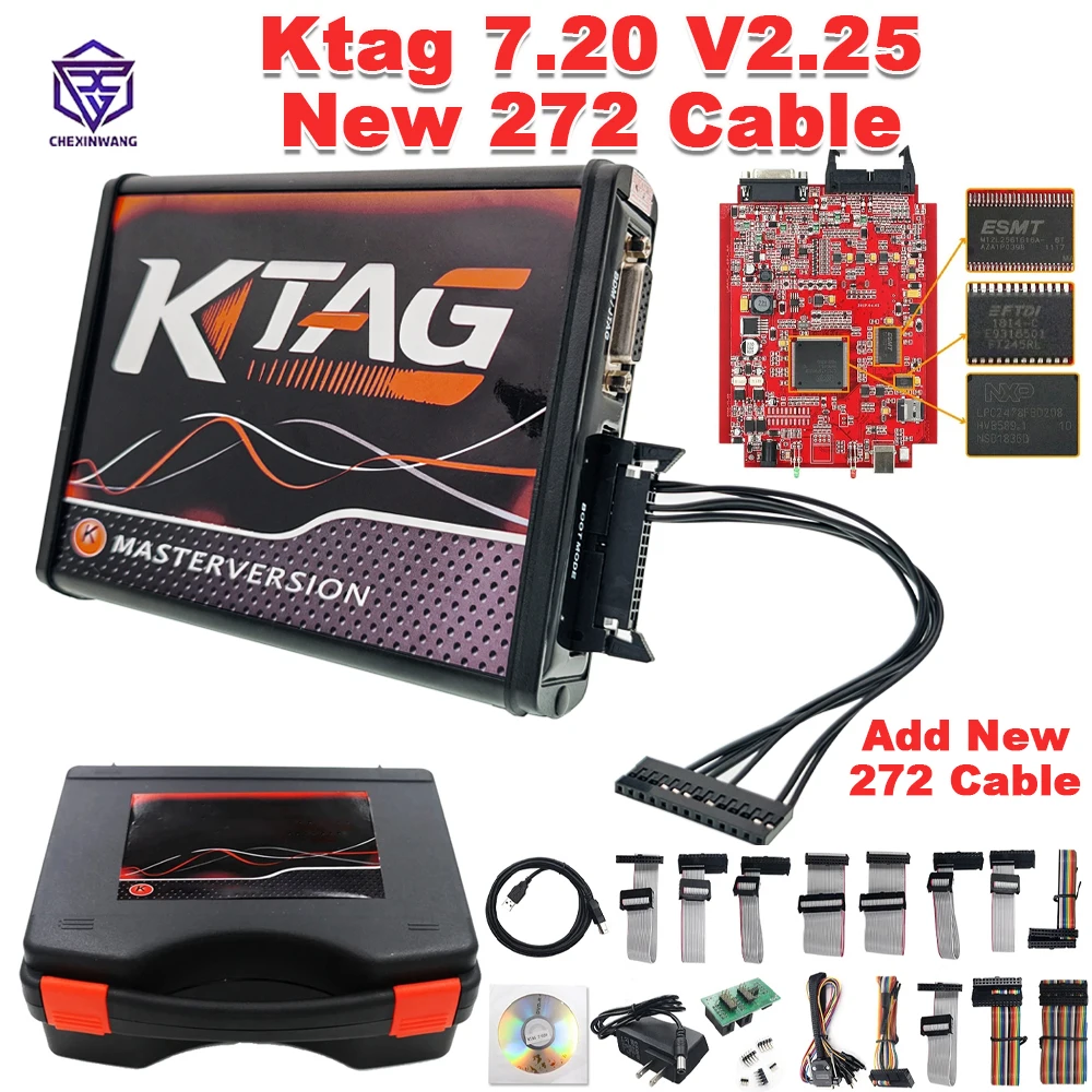 KTAG V7.020 V2.25 Red PCB ECU Programmer Unlimited OBD2 Tuning Tool With New Ktag 272 ECU Dedicated Read/Write Cable Toolbox