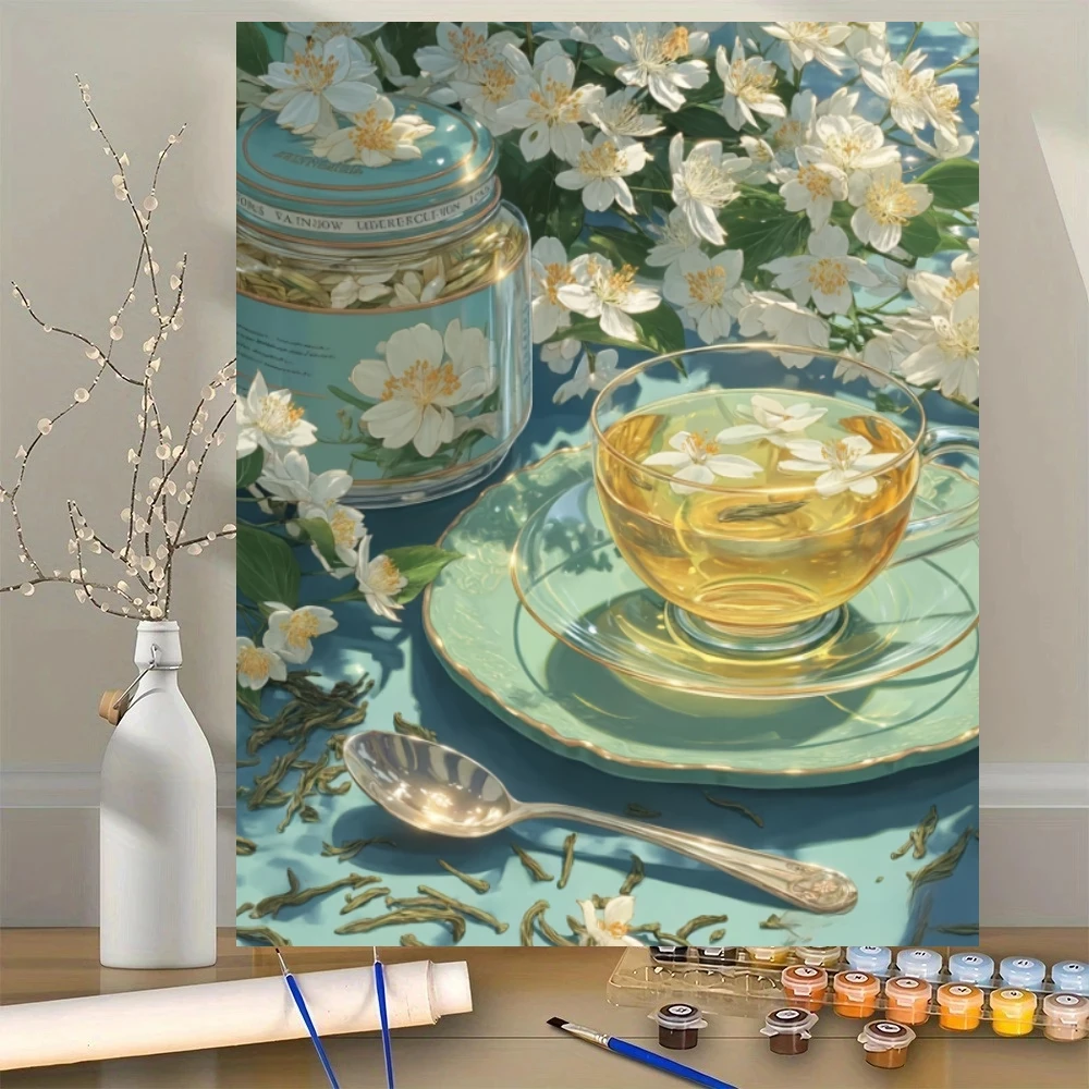Acrylfarbe nach Zahlen: Jasmin-Tee-Malerei nach Zahlen auf Leinwand, Malen nach Zahlen für Erwachsene, digitale Kunst