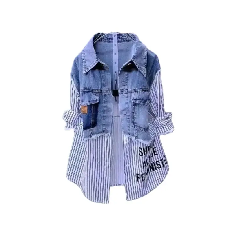 Striped Denim Jacket Women\'s Spring And Autumn 2024 New Stitching Design Sense Niche Shirt Fashion Loose Casual Blouse Women.