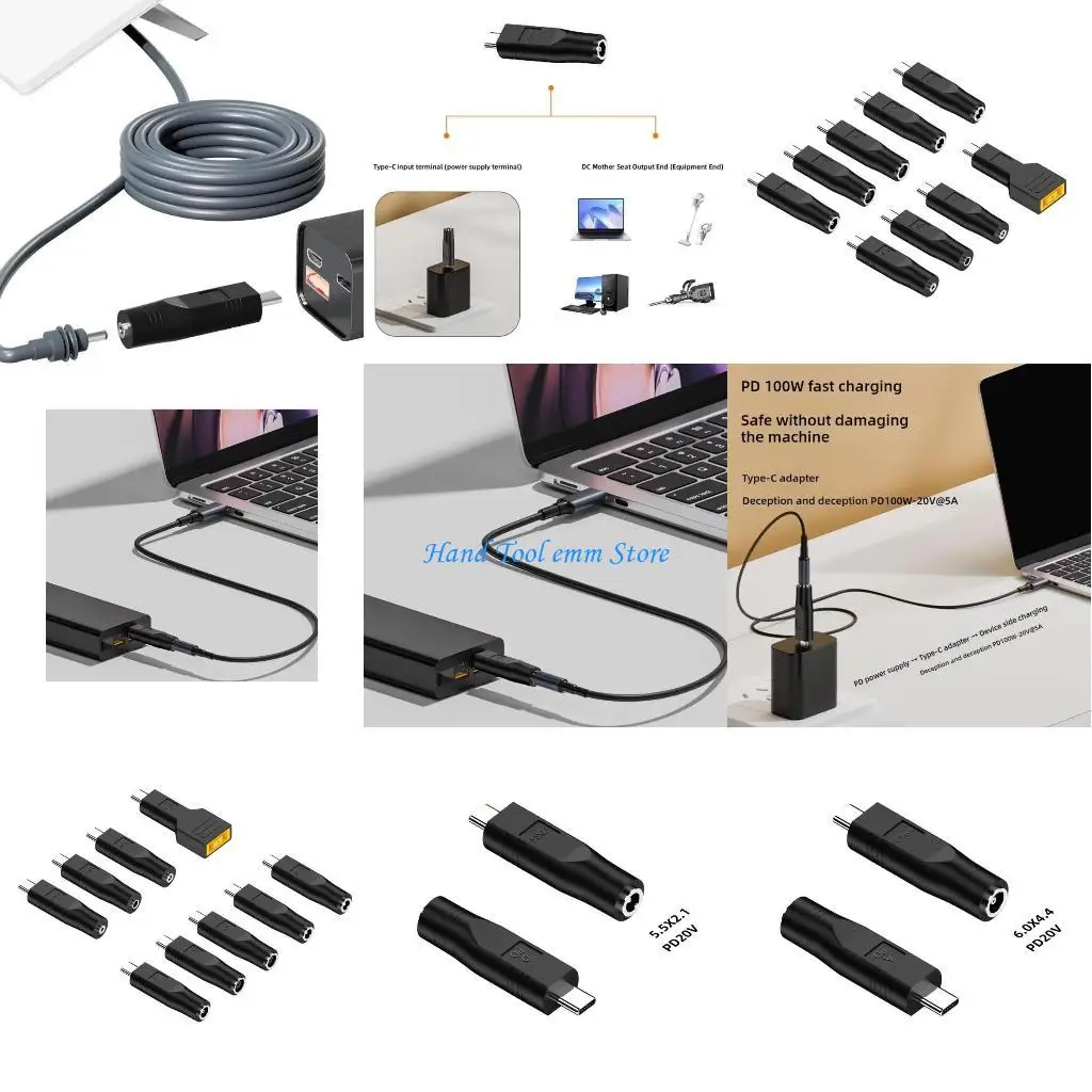 

H37F 9pcs Type C Male to PD100W Female Laptop Power Adapter Set 9 Adapters for Powerful Charging and Compatibility