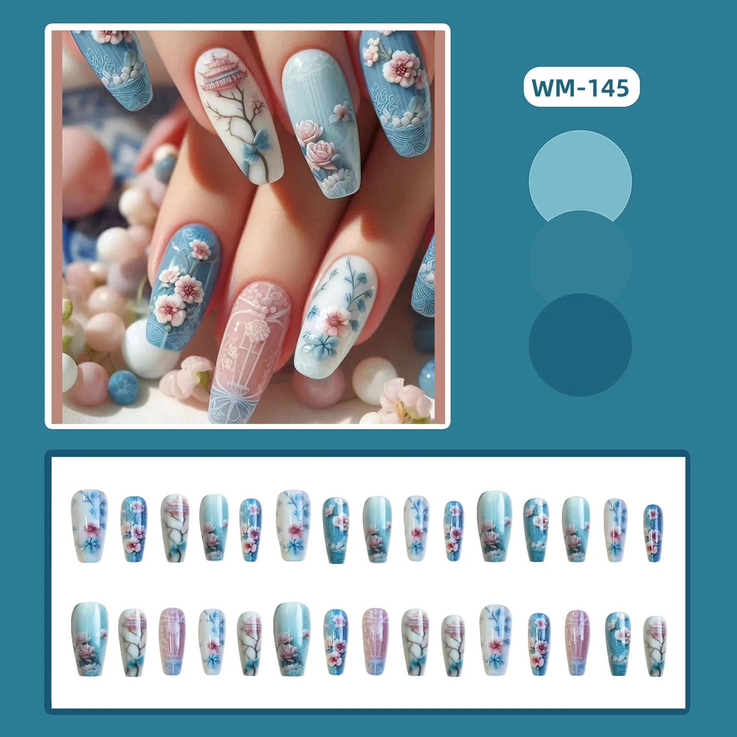 24pcs Antique Begonia Flowers False Nails Long Ballet Press On Acyrlic Nails Blue White Anime Fake Nails With Designs Wearable