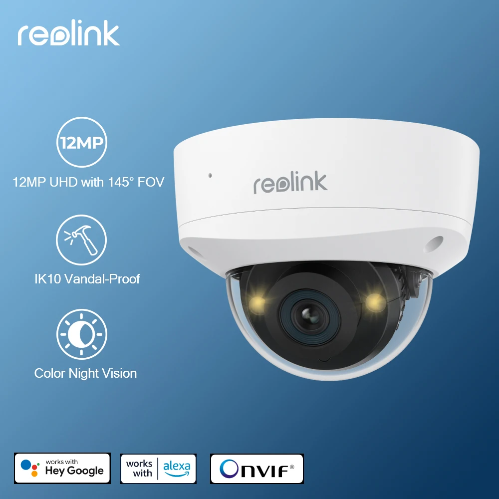 Reolink 12MP IK10 Vandalproof PoE Security Camera 2.8mm Lens 145° Wide Angle Color Night Vision Dome IP Camera IP67 Weatherproof