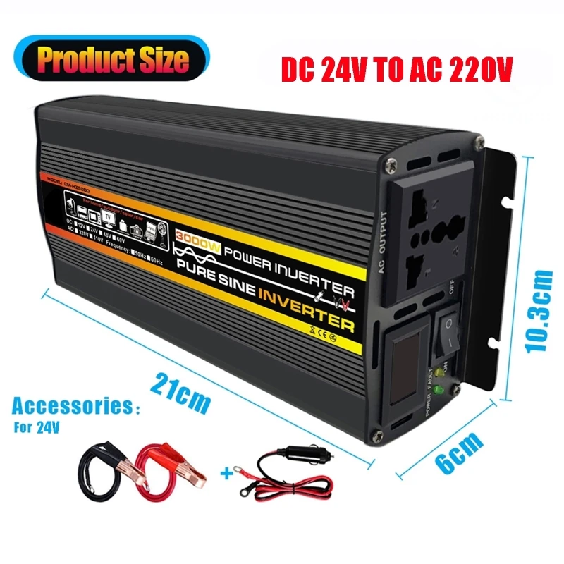 3000W Pure Sine Wave Power Inverter Voltage Transformer Intelligent Digital Display Car Home Outdoor DC 24V to AC 220V Converter