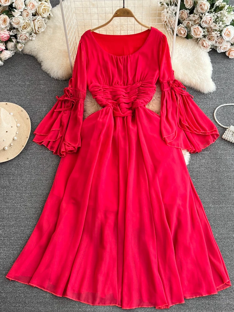

Women Sexy Elegant Solid Chiffon Pleat Long Dress Spring/summer Flared Sleeves Round Neck High Waist Slim Party Vacation Robe
