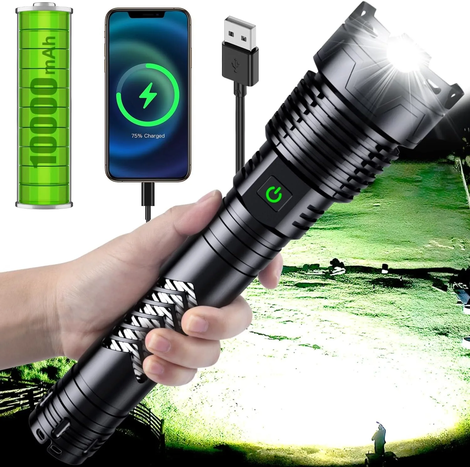 

Super Bright 1000000 Lumen Rechargeable LED Flashlight, 10000mAh Battery, Zoomable 5 Modes for Outdoor Camping & Emergencies