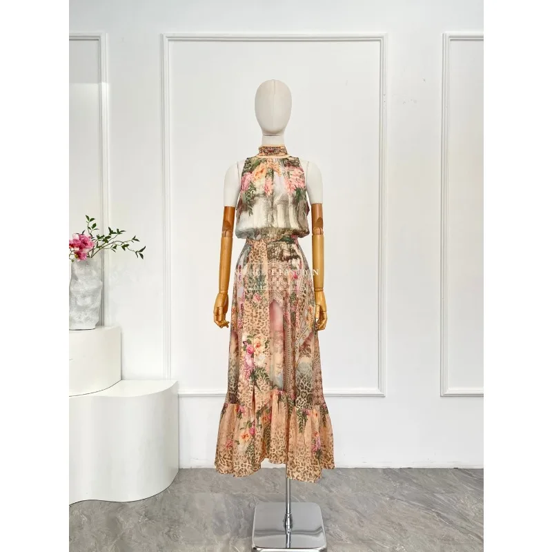 

Orange Floral Print Sleeveless Diamonds Vacation Midi Dress 2025 High Quality Silk
