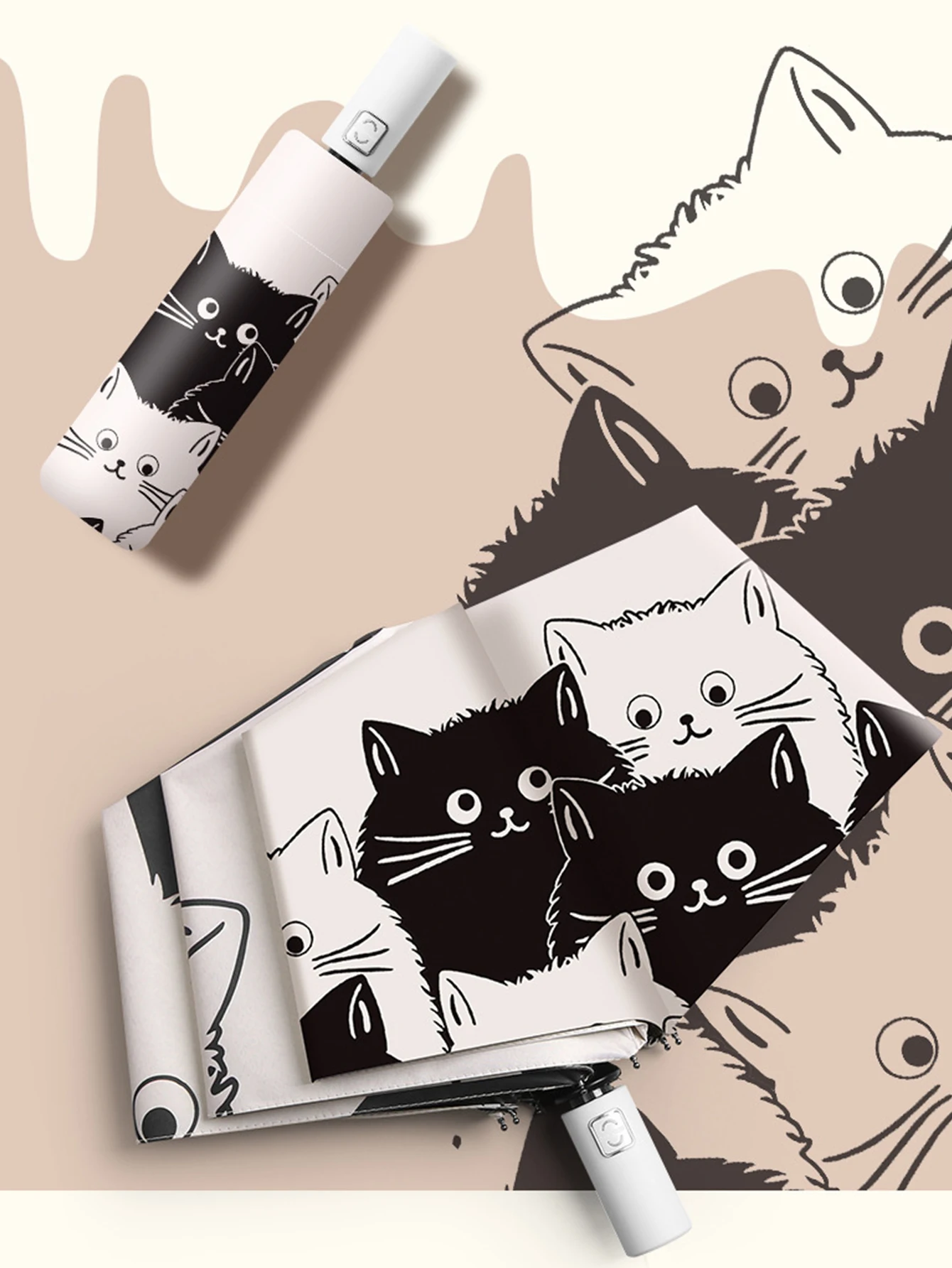 Umbrella Automatic Sunscreen Black Coating Cute Cat Three-Folding Umbrella Rai Umbrella