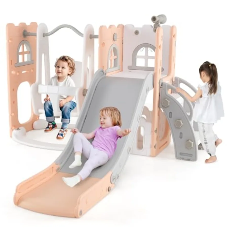 

Игровой комплекс 7 в 1 для малышей: горка, качели, скалодром, баскетбольное кольцо, телескоп, место для хранения, для дома и улицы