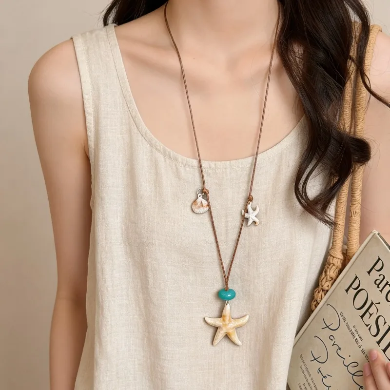 Starfish Shell Beaded Wax Rope Necklace for Women Bohemian Beach Vacation Style Clavicle Chain Fashion Daily Matching Jewelry