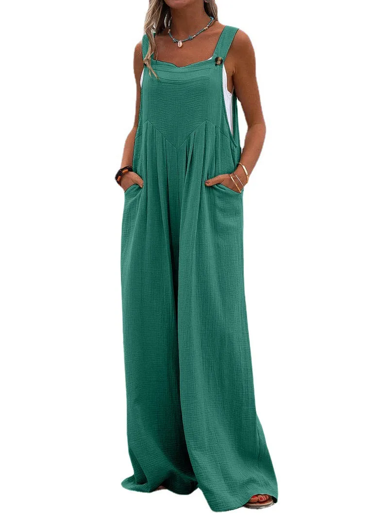 Women\'s casual wide-leg jumpsuit summer ethnic style solid color pleated fashion comfortable loose jumpsuit