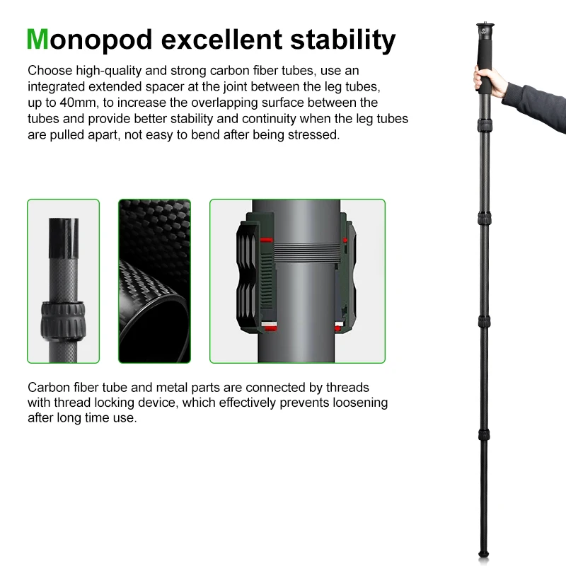 FANAUE profesjonalny Monopod z włókna węglowego kompaktowy lekki Monopod podróżny z uchwytem do laski dla DSLR Canon Nikon Sony