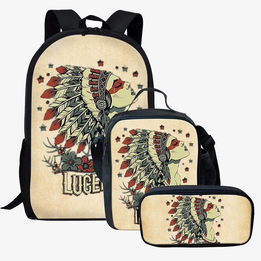 Indian Animal Tribe Theme Pattern 3pcs/Set Backpack 3D Print School Student Bookbag Anime Laptop Daypack Lunch Bag Pencil Case