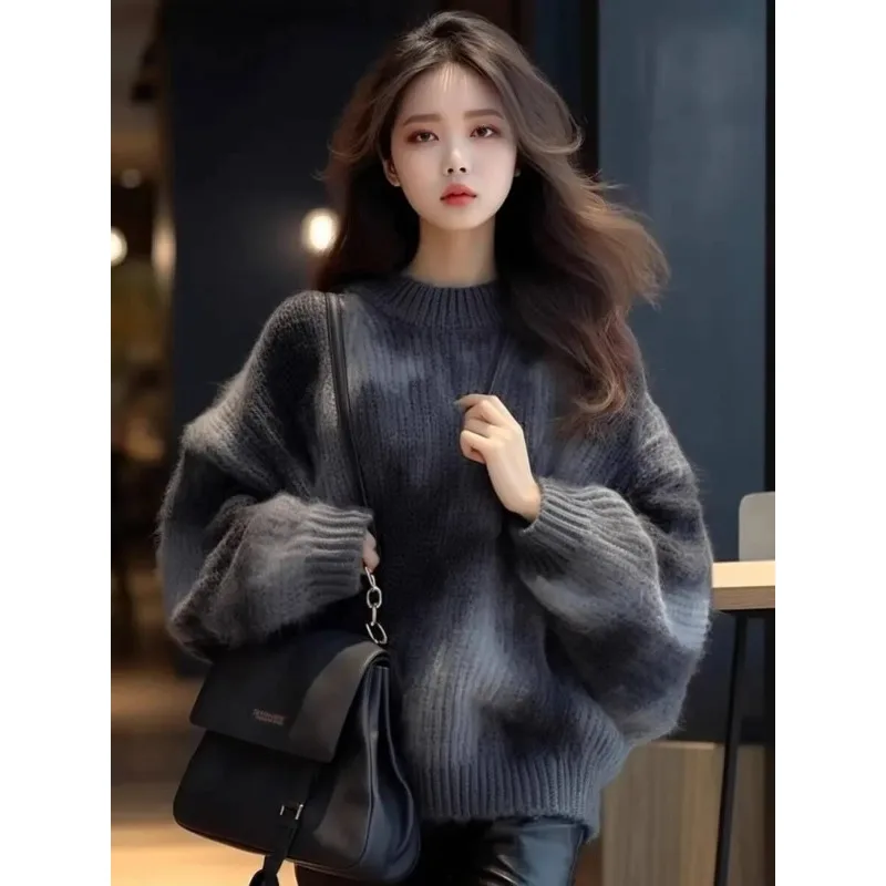 

High-End Feeling Grey Sweater Women's Autumn/Winter New Style American Vintage Round Neck Knitted Top Top Pullovers