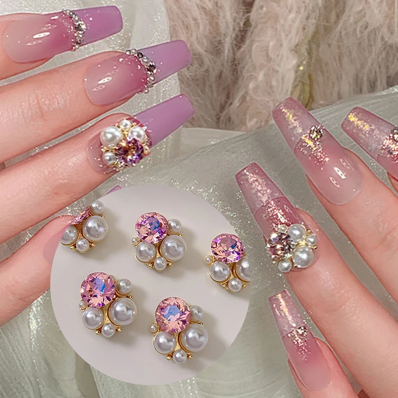 5Pcs Pearl Pile Drilling Alloy Nail Studs Pink Rhinestone Jewelry 3D Nail Art Decorations DIY Butterfly Nail Art Charms Material