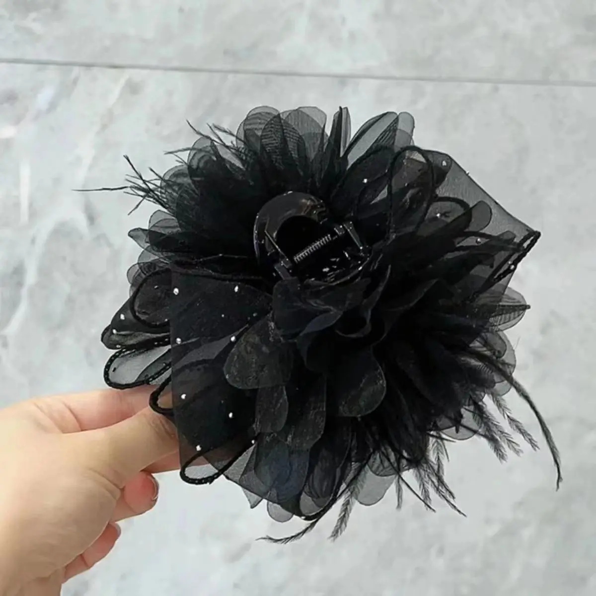 Mesh Lace Black Feather Ribbon Bow Hair Claws Hairpin Big Bowknot Ponytail Holder Hair Clips Pin Hair Accessories for Women