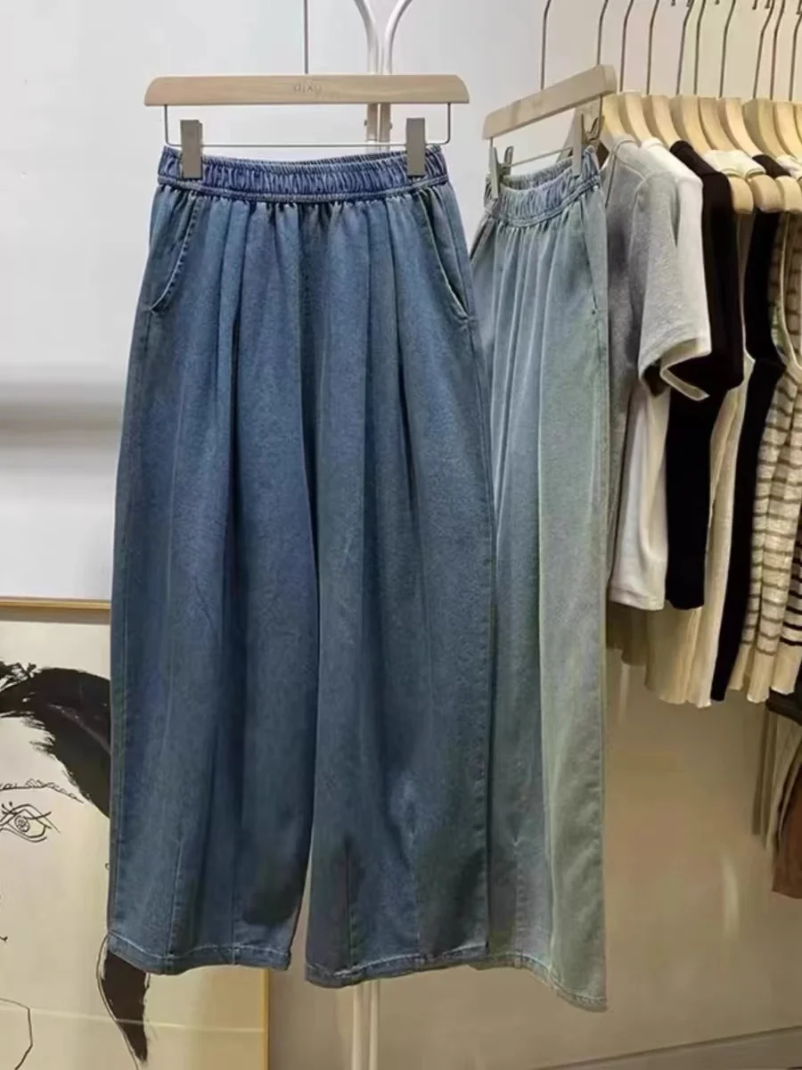 Celana Jeans Wanita High Waist Vintage Warna Pudar Model Kaki Lebar Tipis Musim Panas, Celana Sembilan Bagian High Waist Kaki Lebar Vintage Warna Pudar