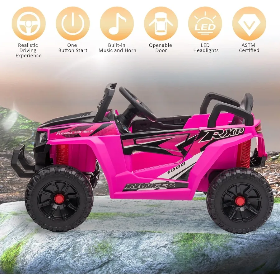 12V 어린이용 전동차, 다양한 기능을 갖춘 전기 오프로드 UTV 트럭, 양문 개폐, 안전벨트, 경적, 음악 및 조명 포함