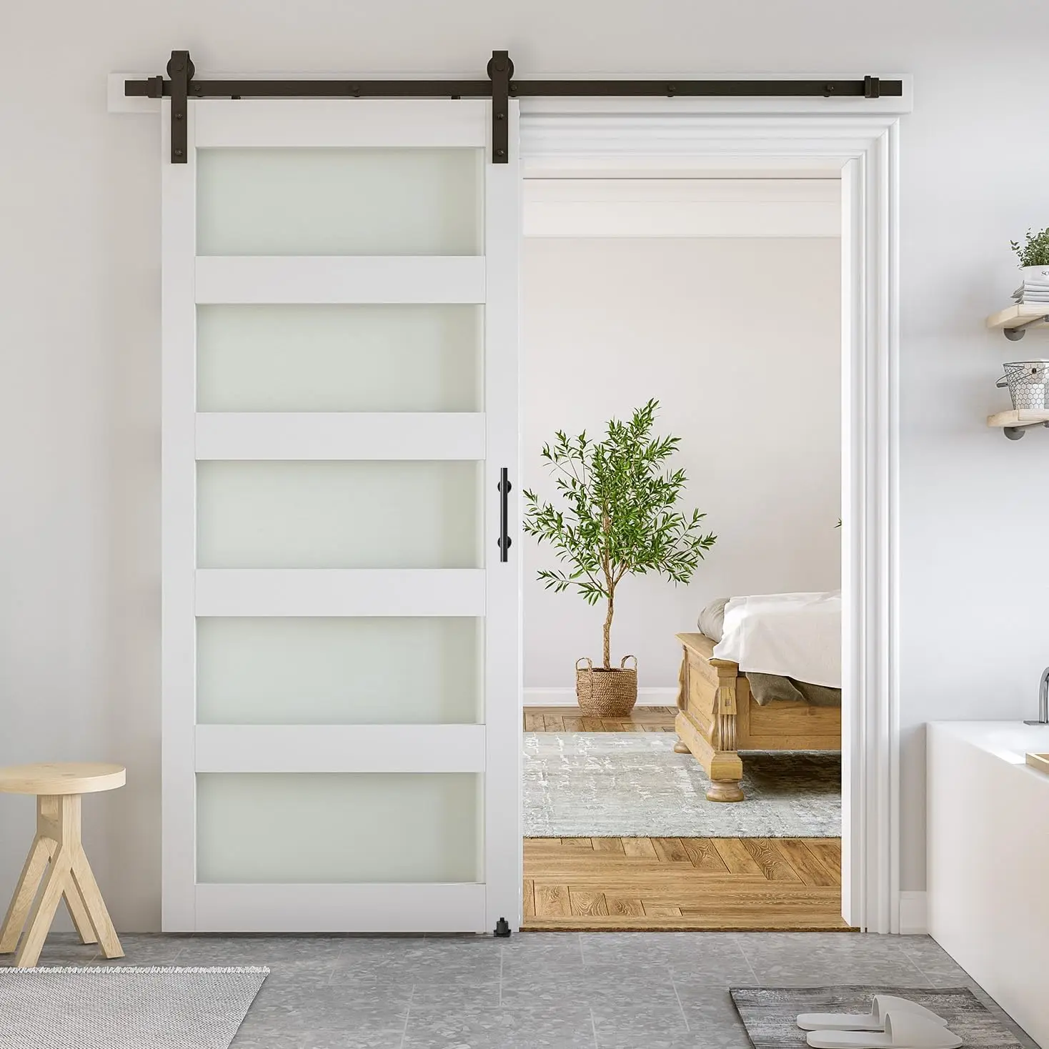 Smartstandard 36 X 84 In Glass Barn Door With 6.6Ft Sliding Hardware Kit & Handle, Pre-Drilled Ready To Assemble, Waterproof