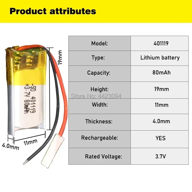 Batterie au lithium polymère pour casque Bluetooth, retardateur automatique, lunettes 3D, jouet, tige, 3.7V, 80mAh, 401119