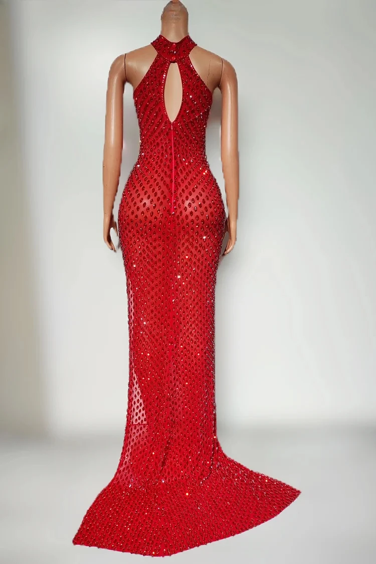 Nightclub Bar Performance Costume Low Cut Tight Fitting Sexy Deep V Full Diamond Side Slit Floor Length Skirt