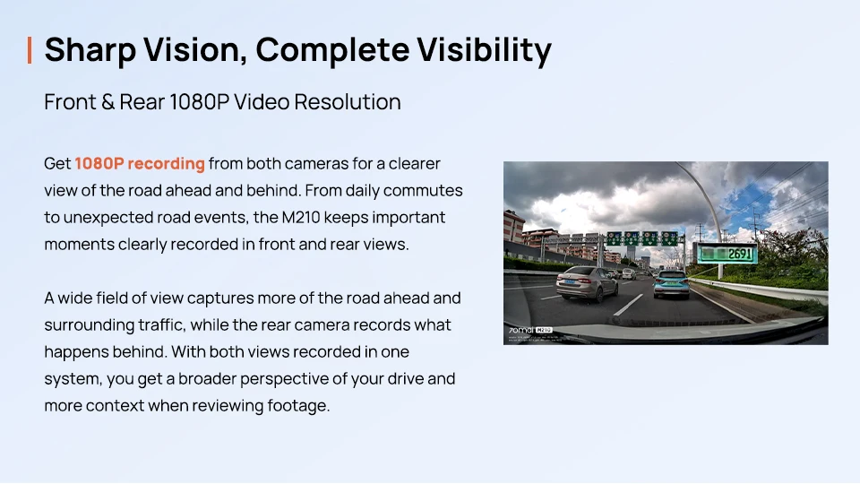 70mai Dash Cam M210 1080P Dual Lens F1.55 Super Night Vision Voice Control Supercapacitor 70℃ Driver Fatigue Alert Car Camera