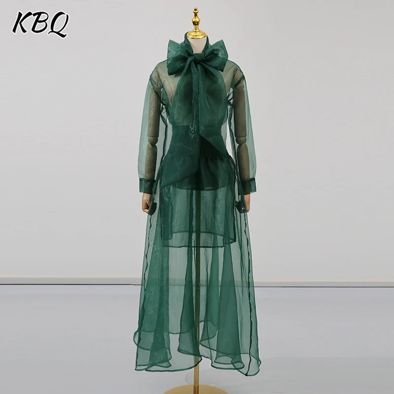 

KBQ Solid Sheer Two Piece Sets for Women Stand Collar Long Sleeve Spliced Bowknot Tops High Waist Long Skirt Chic Set Female New
