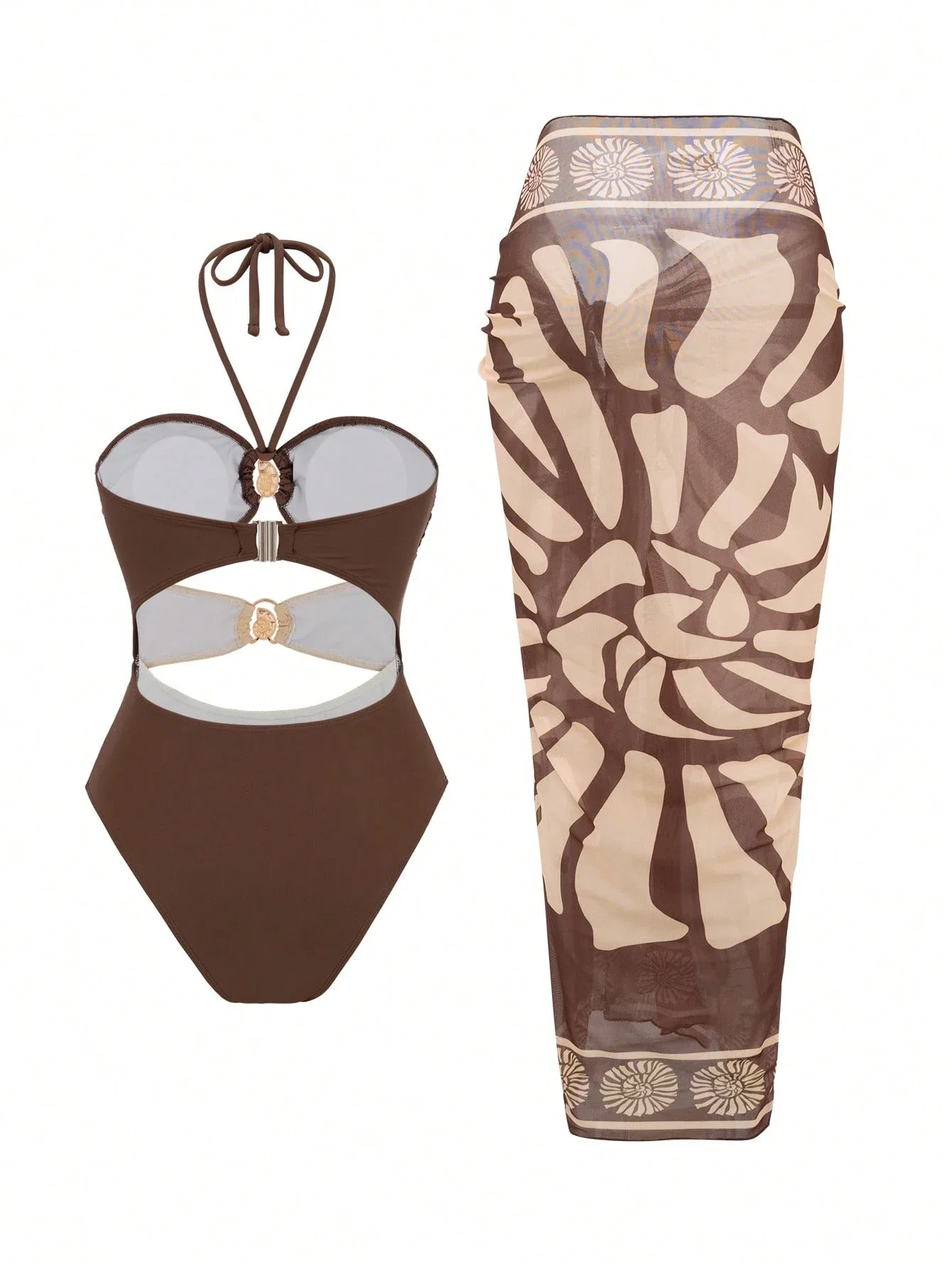 

Коричневый слитный купальник с вырезами и завязками на шее в сочетании с прозрачной макси-юбкой с цветочным принтом для пляжного отдыха