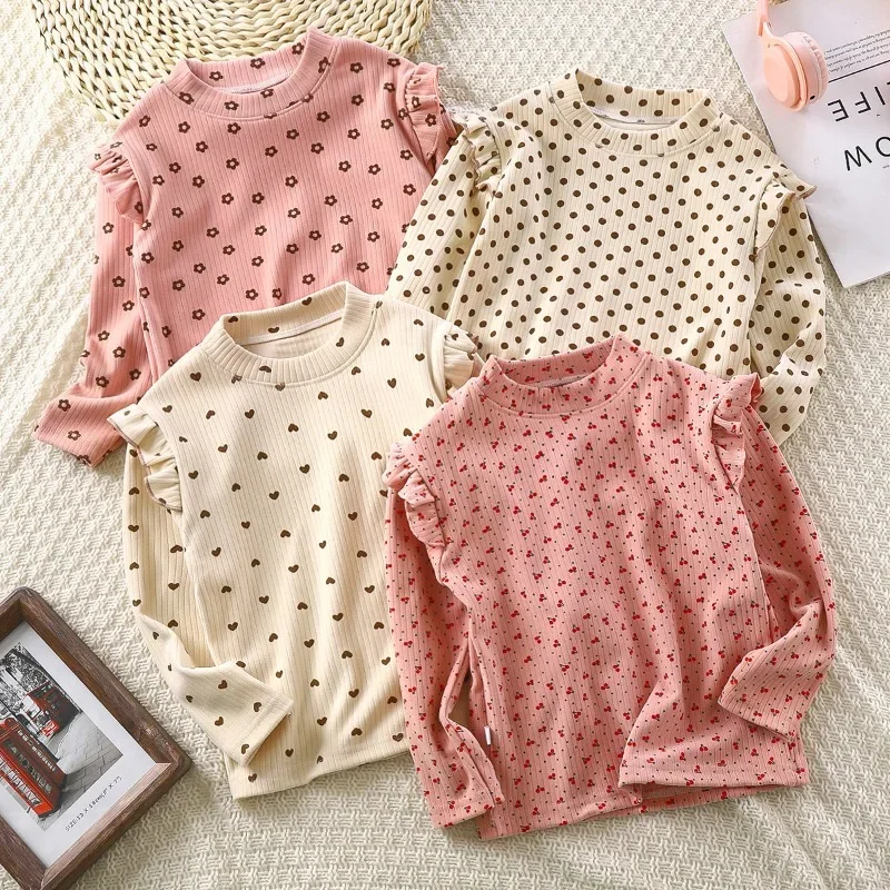 Kids Long Sleeve Undershirt Boys Girls Cute Floral & Dots Print Base Layer Tops Sweet Children Bottoming T-shirt 2-10T