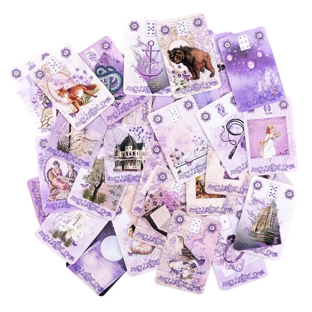Baraja Lenormand de Lavanda - 9*6cm, 36 Cartas con Ilustraciones Botánicas Vintage, Estética Púrpura Shabby Chic, Alternativa al Tarot
