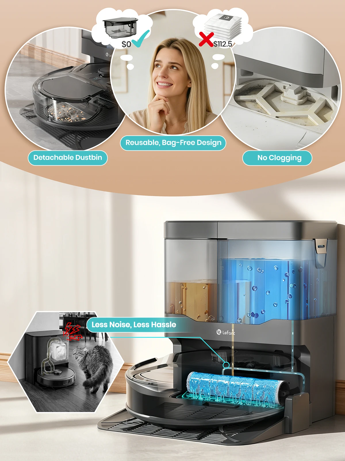 Lefant M265 Nass- und Trocken-Roboterstaubsauger, 20000Pa, Selbstreinigende Nasswalze, Sauberwasserreinigung, Laser dToF, Anti-Verwicklung, WLAN 2.4G/5G/Alexa/APP