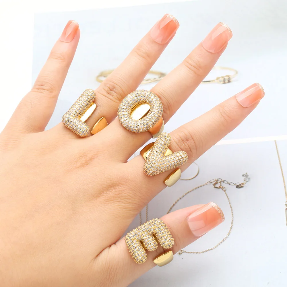 Fashion Vintage 26 A-Z Letter Rings Men and Women Micro-inlaid Zircon Trend Gold Plated Irregular Party Jewelry Gifts