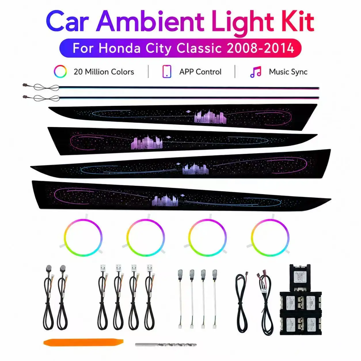 20LED RGB Car Ambient Light Kit for Honda City 2008-2014 OEM Fit Starry Sky Door Panel Dashboard Speaker Ring APP Control