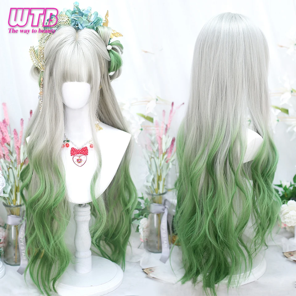 Women Synthetic Lolita Wig Long Wavy Curly Ombre Two Tone Silver Grey Green Hair For Cosplay With Bangs