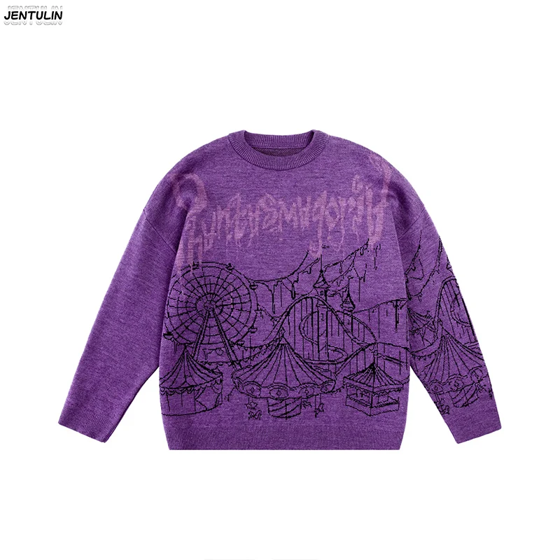 Sweater Rajut Pria Berkualitas Tinggi Musim Gugur Y2k Kerah Bulat Lengan Panjang Model Slim Fit Warna Ungu Motif Grafis Gothic Streetwear Pria