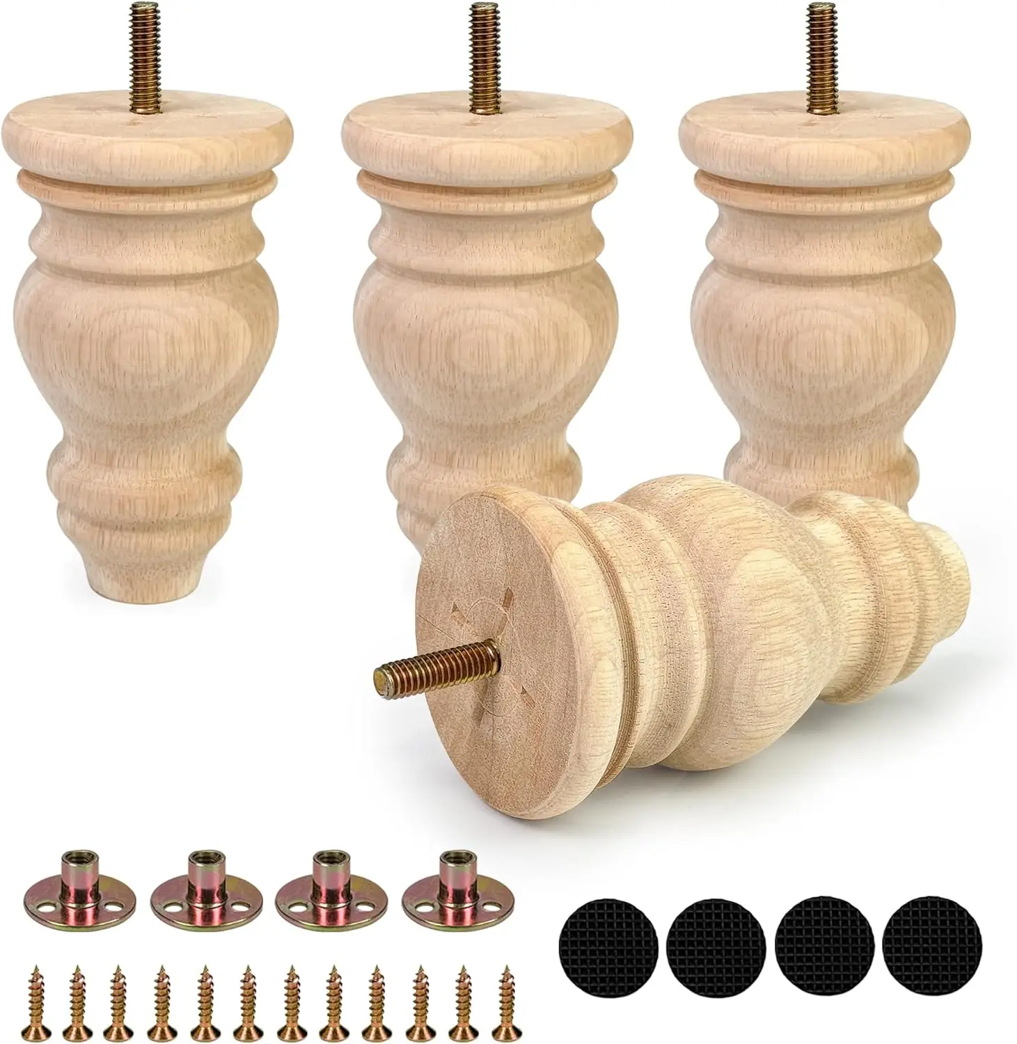 

5 Inch Wooden Furniture Legs with Mounting Plates Screws Set of 4 Solid Wood Unfinished Round Replacement Furniture Feet for Cou