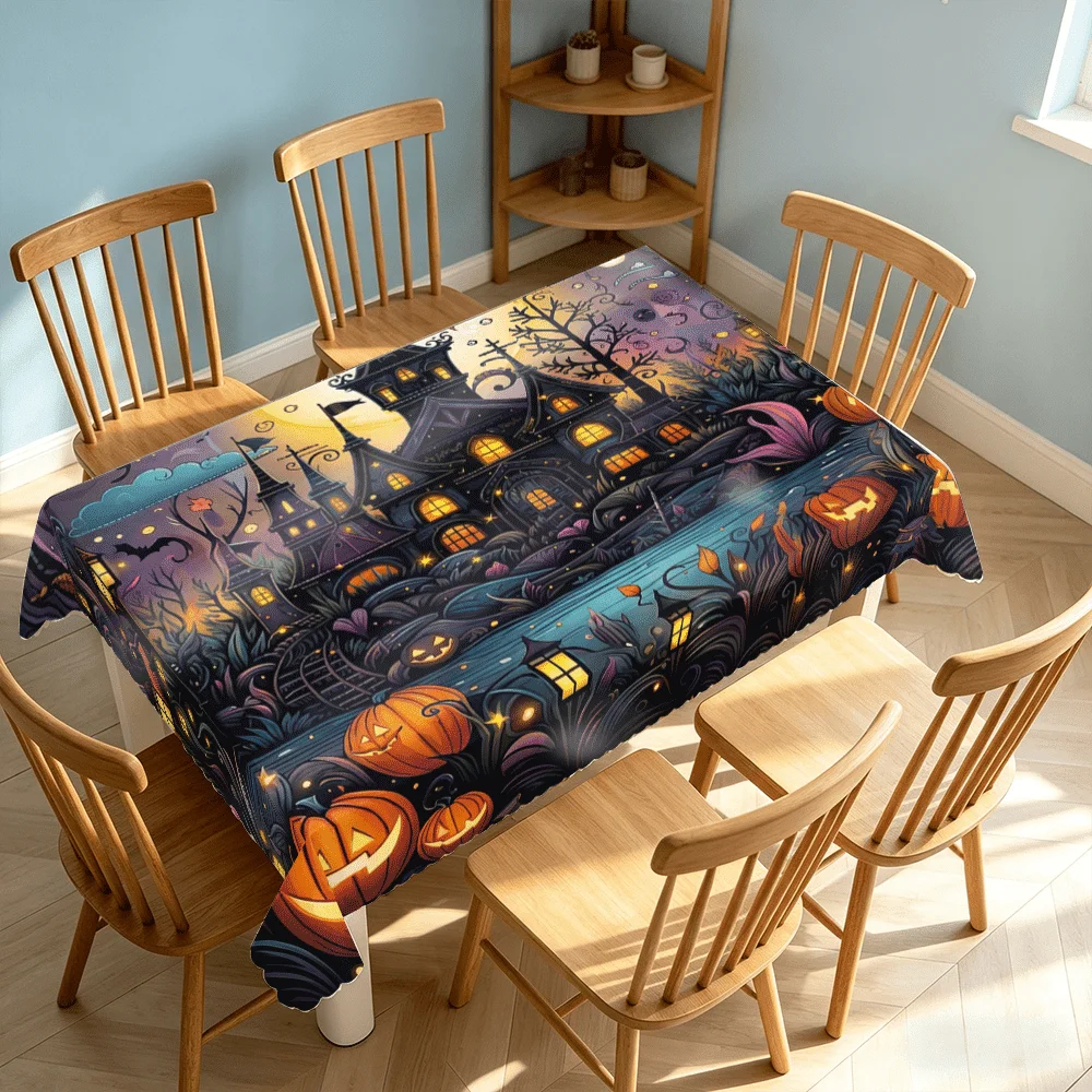 1PC, black background Halloween pumpkin haunted house castle pattern tablecloth, family gathering, dining room decoration