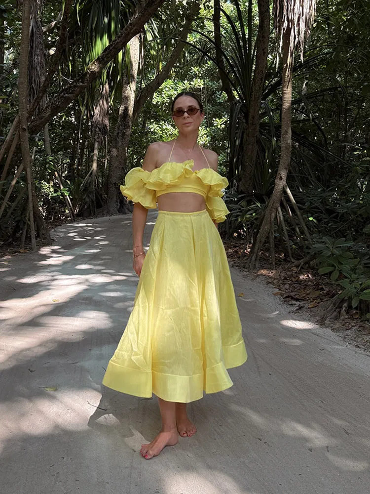 Casual Women Yellow Skirt Suit Elegant Backless Fold Strapless High Waist Slim Fit Top Set Fashion Spring Lady Beach Outfit