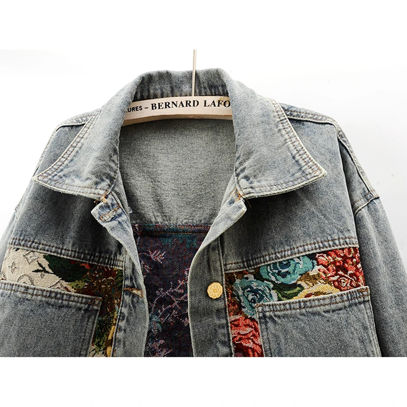 Vintage Blauwe Jacquard Splicing Grote Zak Denim Jas Vrouwen Losse Korte Cowboy Bovenkleding Herfst Nieuwe Koreaanse Jeans Jas Vrouwelijke