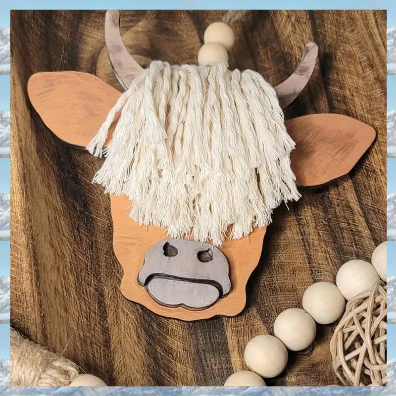 2025 Hot Style Cow Head Pendant Macrame Car Charm Tassel Horn Wooden Pendant Decorative Highland Cattle Rear View Mirror Hanging