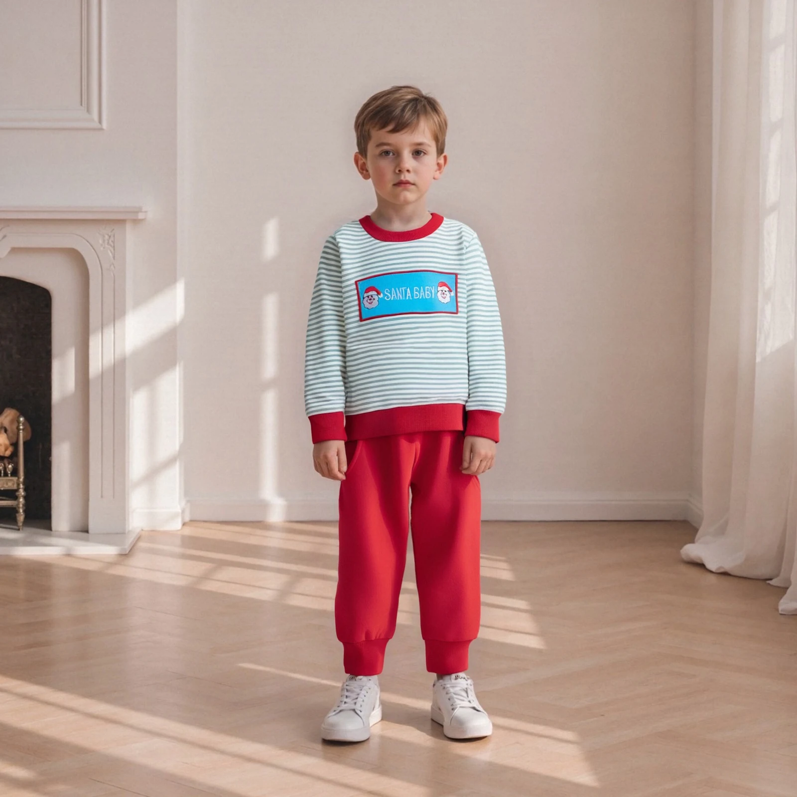 Baby Boys Pants Set, Long Sleeve Crew Neck Striped Embroidery Letters Santa Claus Sweatshirt with Sweatpants Christmas Clothes