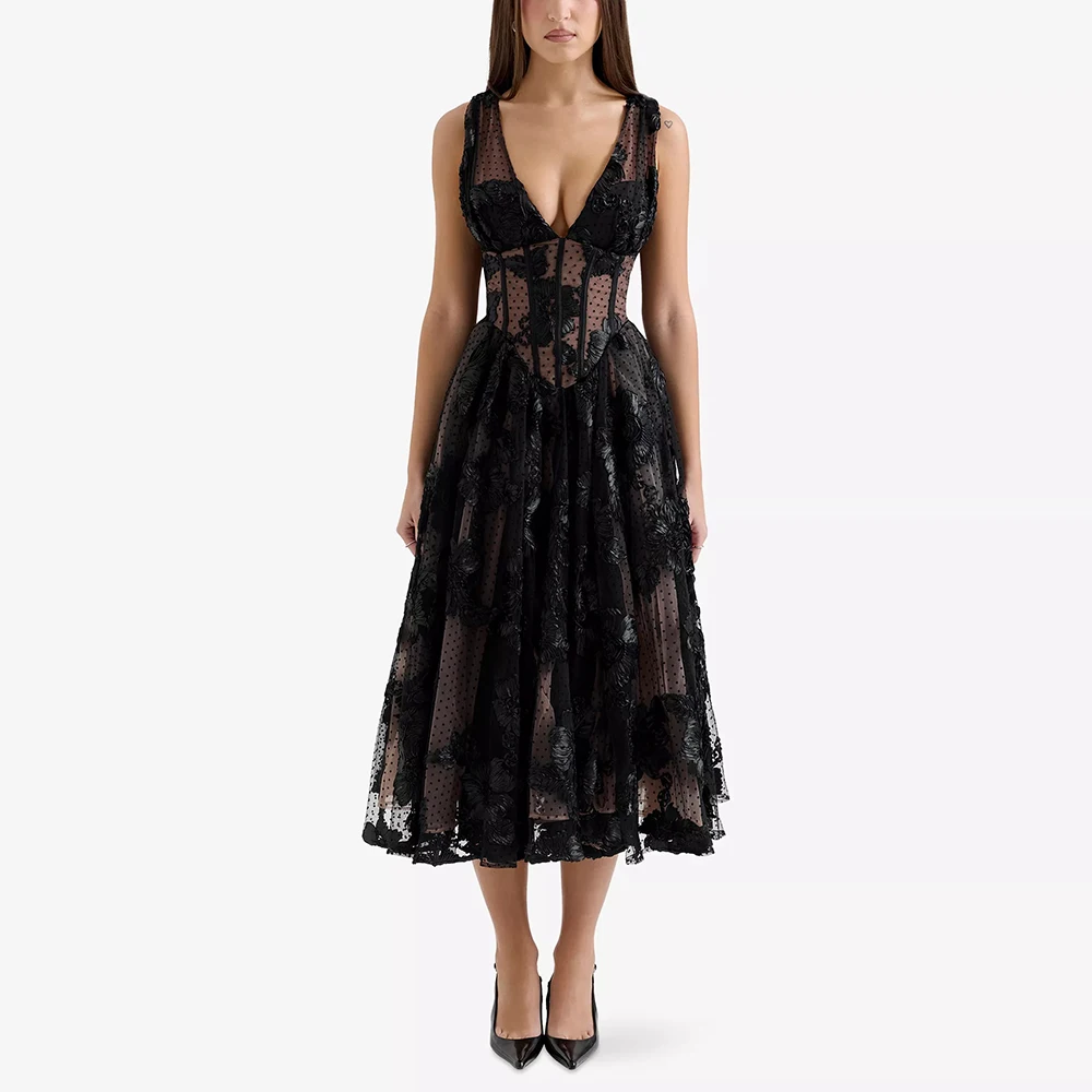 

Customized Deep V-neck Sexy Lace Party Dress Sleeveless Appliques With Zipper A-line Evening Dress Tea-Length Backless Prom Gown