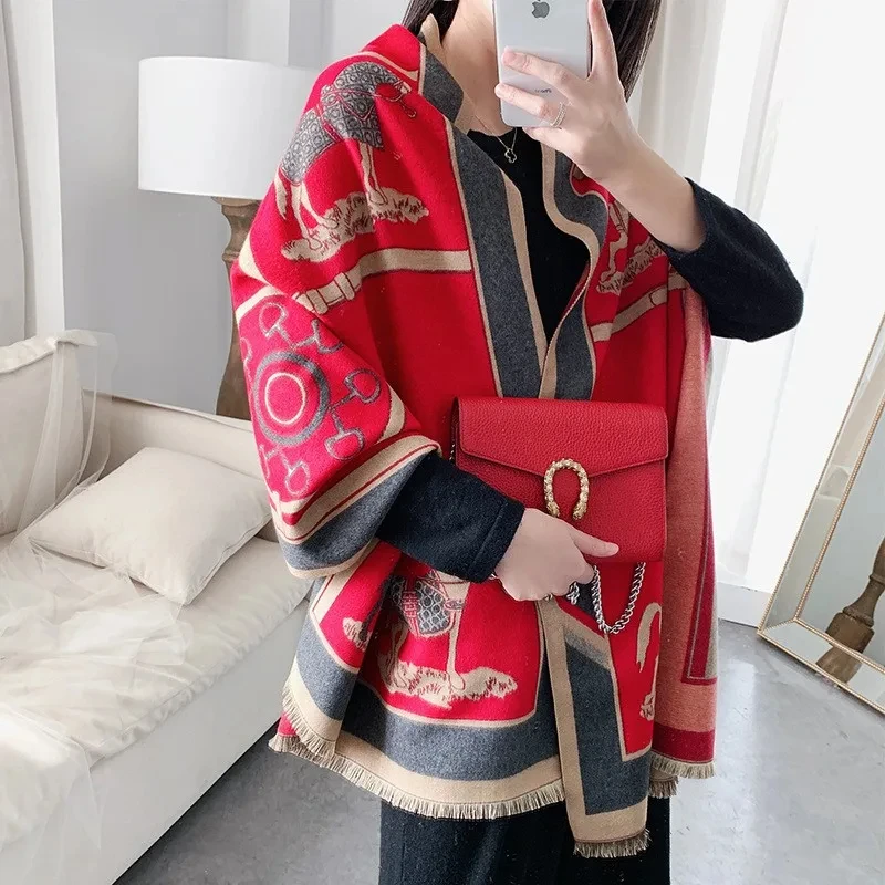 2024 New Luxury Winter Cashmere Scarf Women Design Warm Pashmina Blanket Horse Scarves Female Shawl Wraps Thick Foulard Bufanda