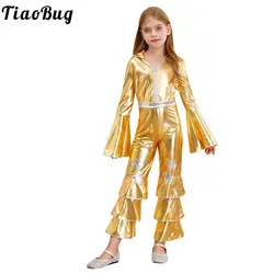 Teen Girls Metallic Ballet Jazz Dance Performance Costumes Retro Disco Flare Sleeve Ruffle Bell Bottom tuta intera