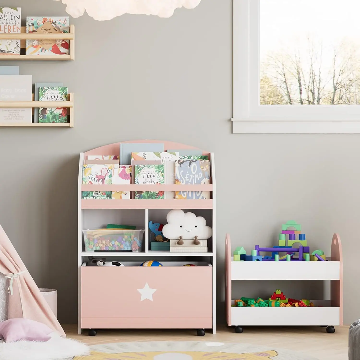 Kids Bookshelf with Drawers, Toy Storage Organizer with Rolling Carts for Playroom Nursery Room Bedroom, Pink and White