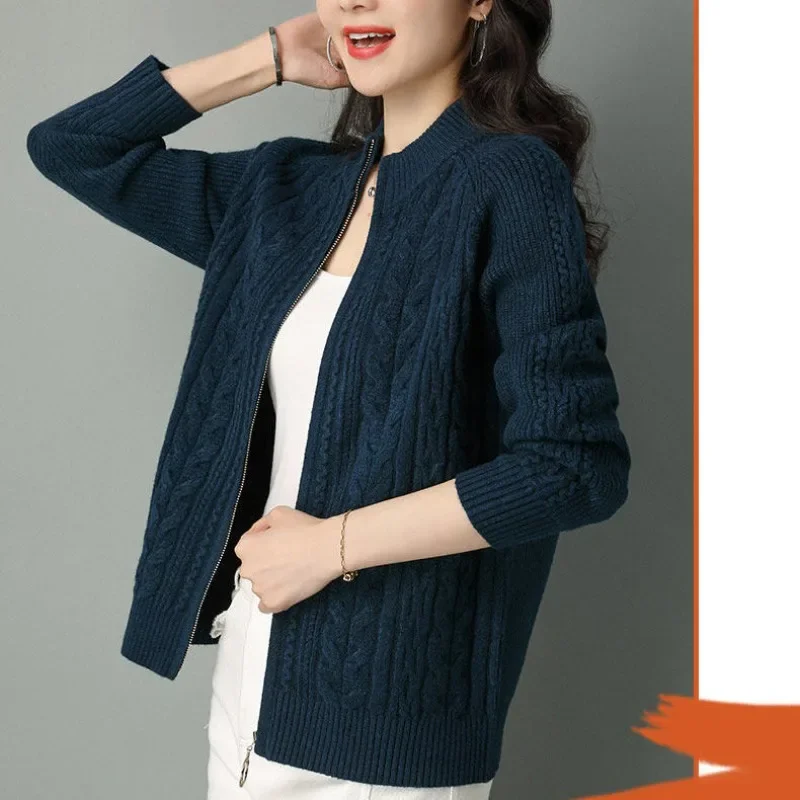 Vintage Zipper Knit Cardigan Jackets Women Autumn Winter Coat Half High Collar Sweater Long Sleeve Chic Jumpers Tops Warm Thick