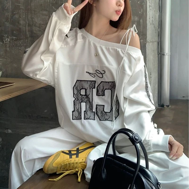 Printing Patchwork Loose T Shirts Long Sleeve Off Shoulder Solid Street Casual Tops Spring Autumn Fashion Korean Women Clothing