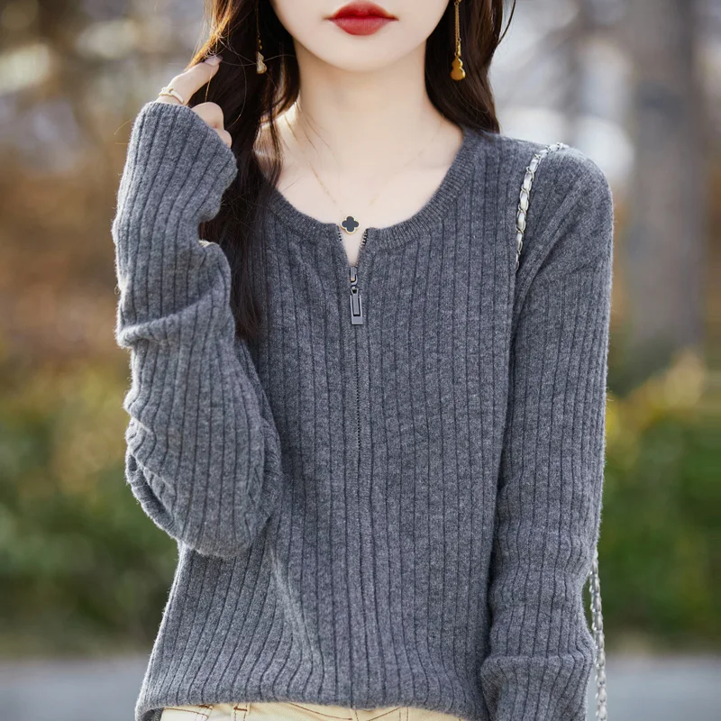 Women's O-neck autumn and winter new 100% wool cashmere cardigan women's knitted sweater loose and fashionable soft top