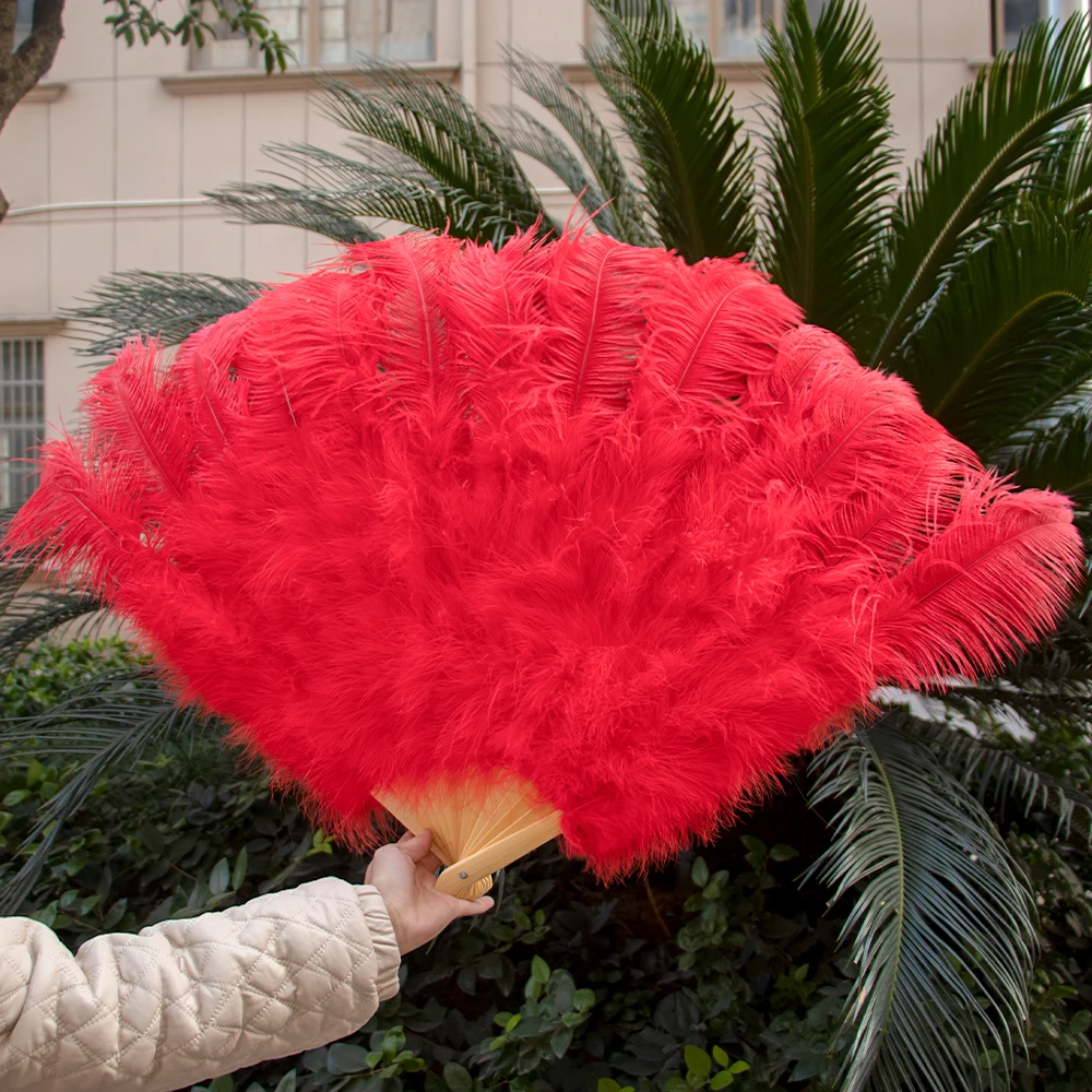 

13 Bones RED Ostrich Feather Fan Stages Performance Carnival Show Accessory Unfold About 90CM Long 60CM Width Small Feathers Fan