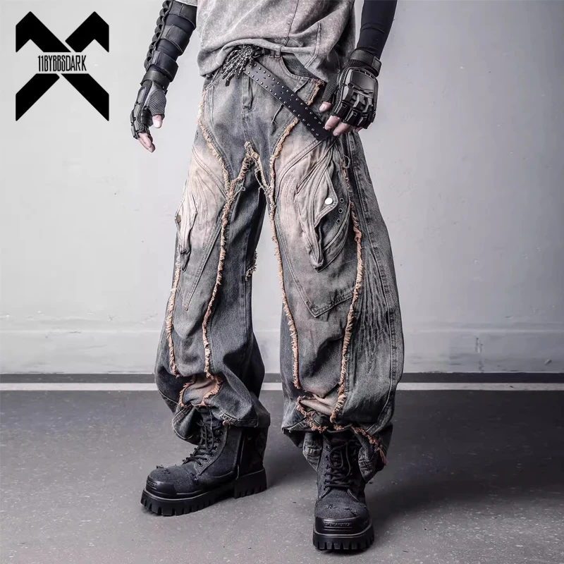 

Unisex Dirty Wash Jeans Grunge Hip Hop Multi-Pocket Wide Leg Cargo Pants Men's Distressed Denim Trousers Punk