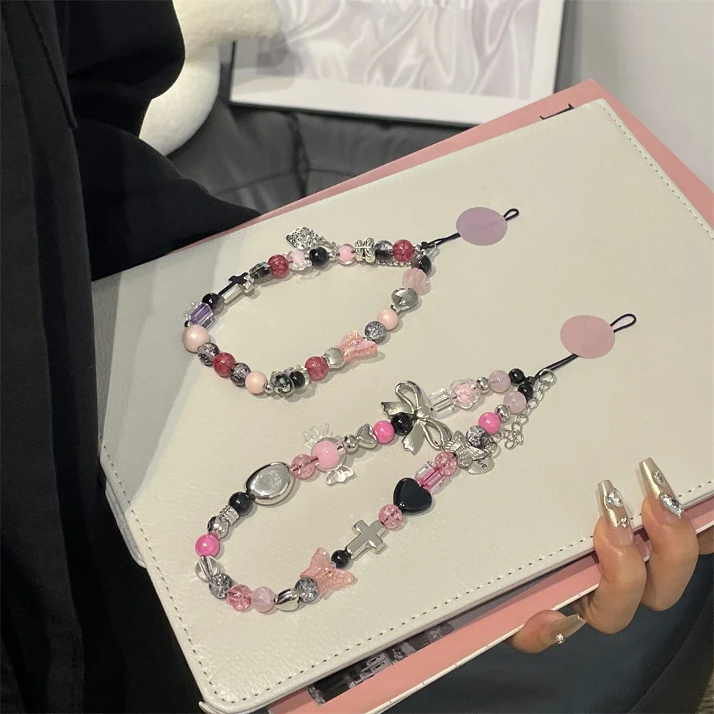 

Pink Y2K Rope for Phone Chain Lanyard Charm Strap Wrist for IPhone 16 Promax Plus Crystal Bead Hanging Cord Bracelet Keychain